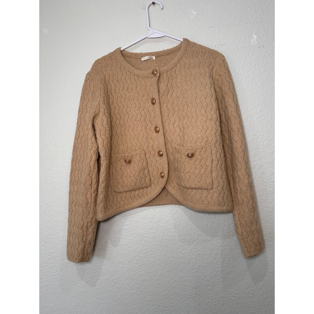 Lili & Lola Tan Chevron Knit Cardigan Sweater Gold Crest Buttons Wool Blend L